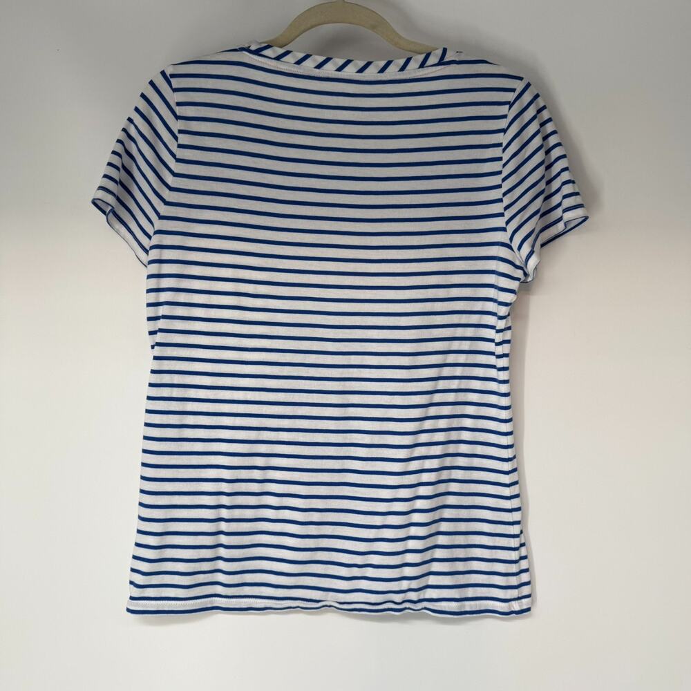 Talbots Sequin Lemon Slice Striped T-Shirt Womens M Blue White Short Sleeve Pima - Picture 2 of 5